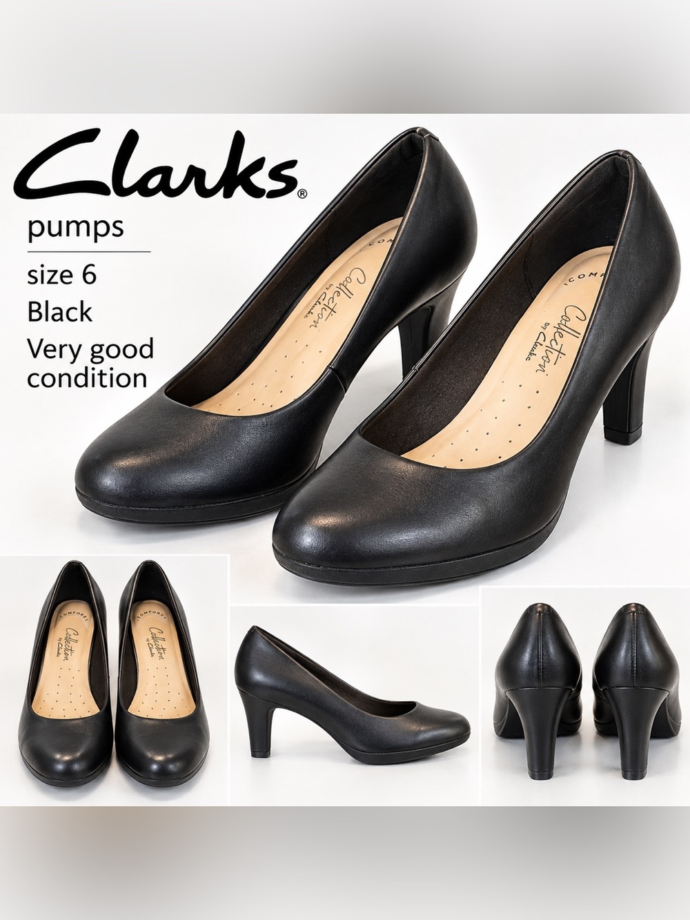 Clarks Black Leather Mid Heel Pumps